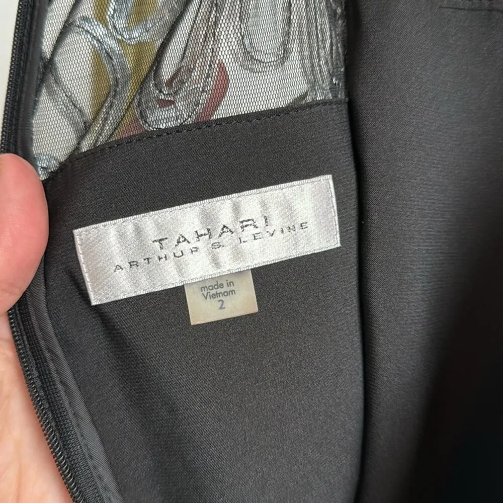 Tahari multicolor appliqué black full length gown sleeveless mesh top sz 2 - Image 10