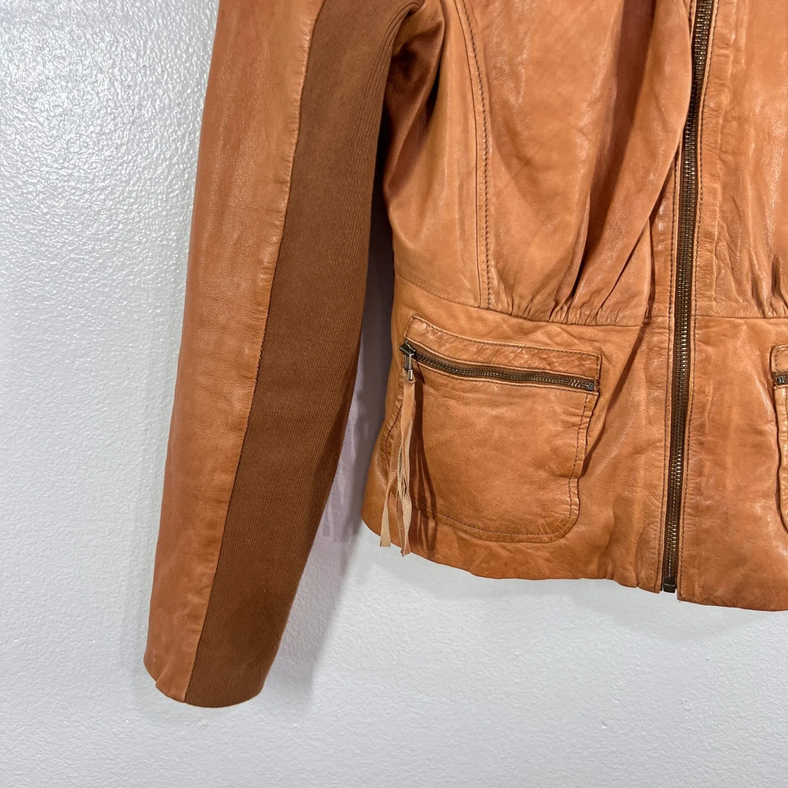 Hinge 100% Leather Jacket Womens‎ Small Tan Brown Zip Up Ruched Collar Peplum - Image 7