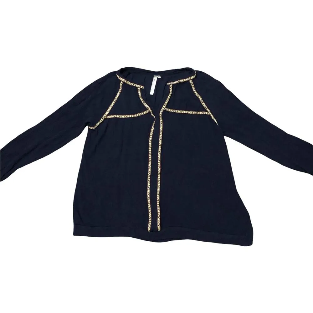 Andree Blue MEDIUM Split Neck Boho Patterned Contrast Trim Long Sleeve Blouse - Image 11