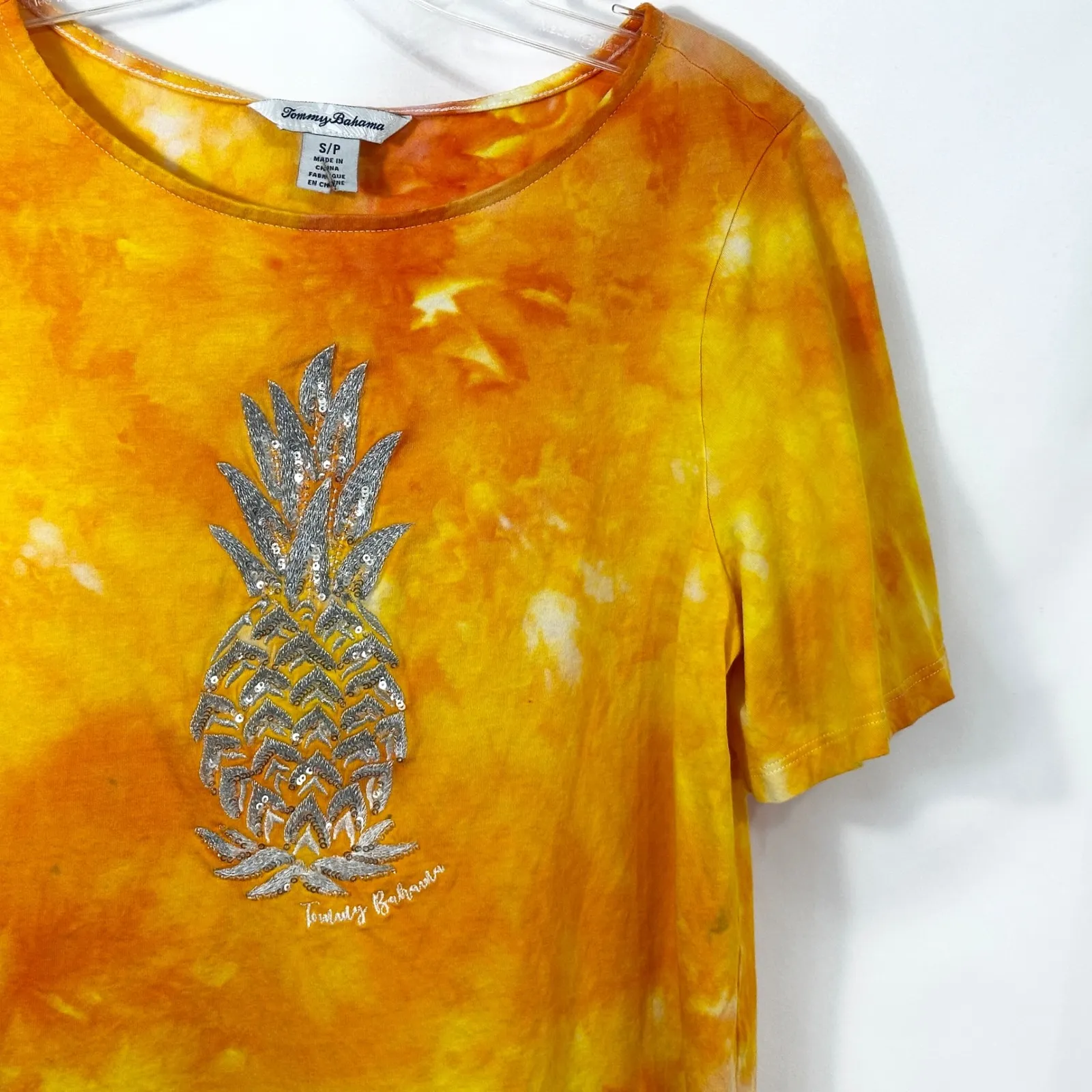 Tommy‎ Bahama Small Top Orange Yellow Handmade Tie Dye Pineapple Sequins 1544 - Image 5