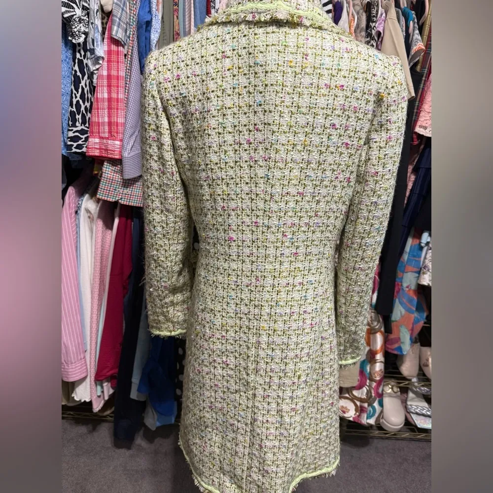Green Yellow and Pink Tweed Jacket with Fringe Trim Size 4 - Image 3