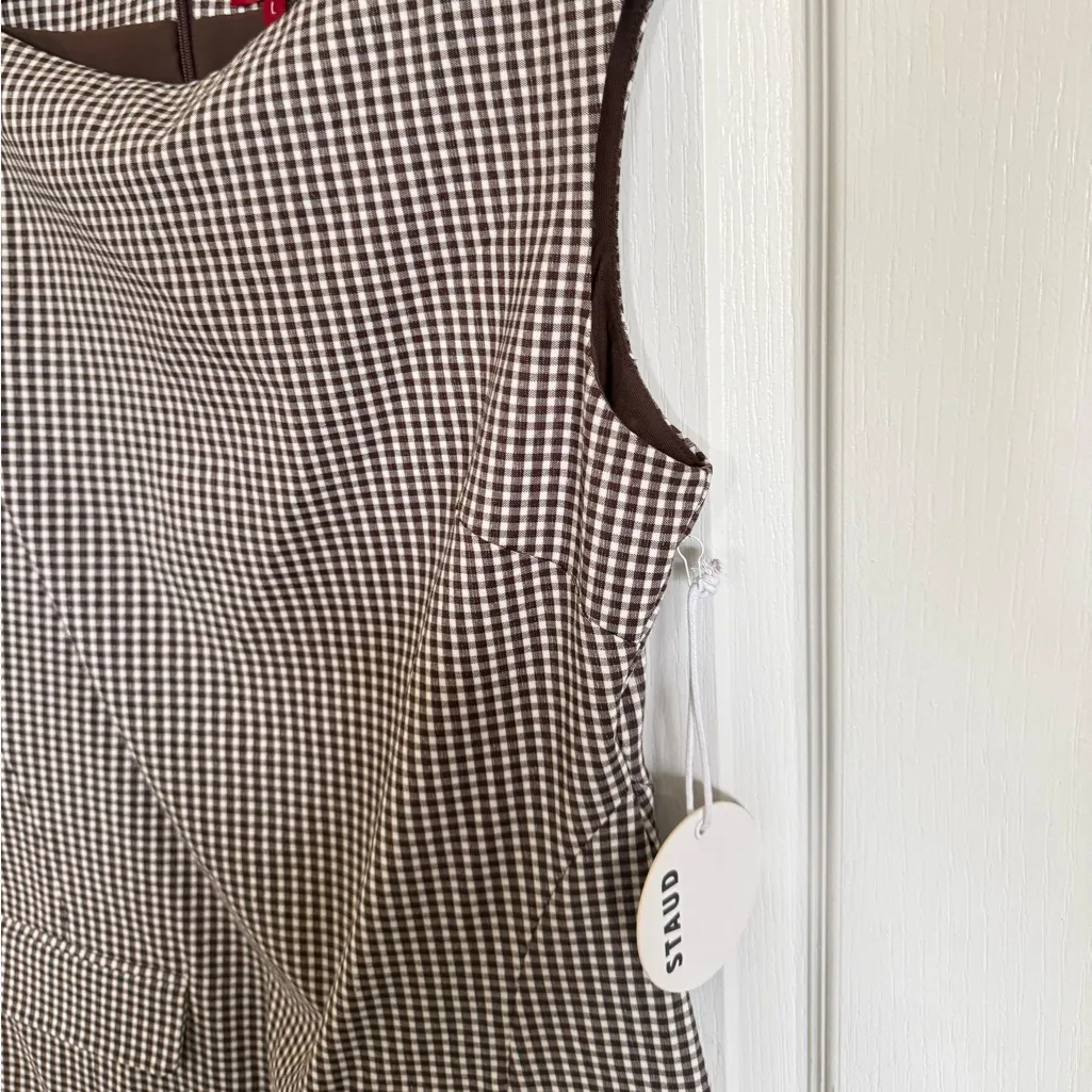 STAUD NEW WALKER DRESS DARK CHOCOLATE MICRO CHECK GINGHAM - Image 6