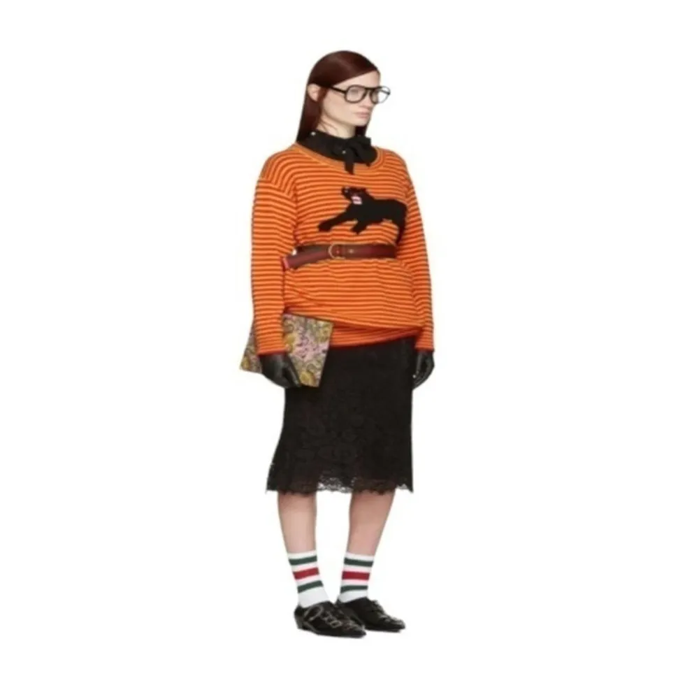 Gucci Red & Yellow Intarsia Wool Puma Knit Striped Crewneck Sweater Size M NWT - Image 10