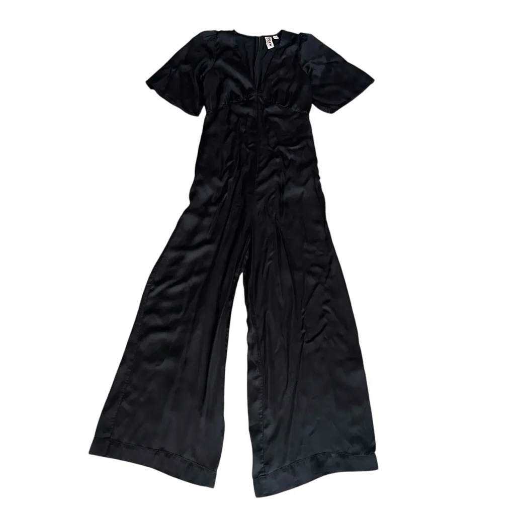 Anthropologie Dolan Women’s Little Black Satin Wide Leg Flutter Sleeve Jumpsuit - Image 2