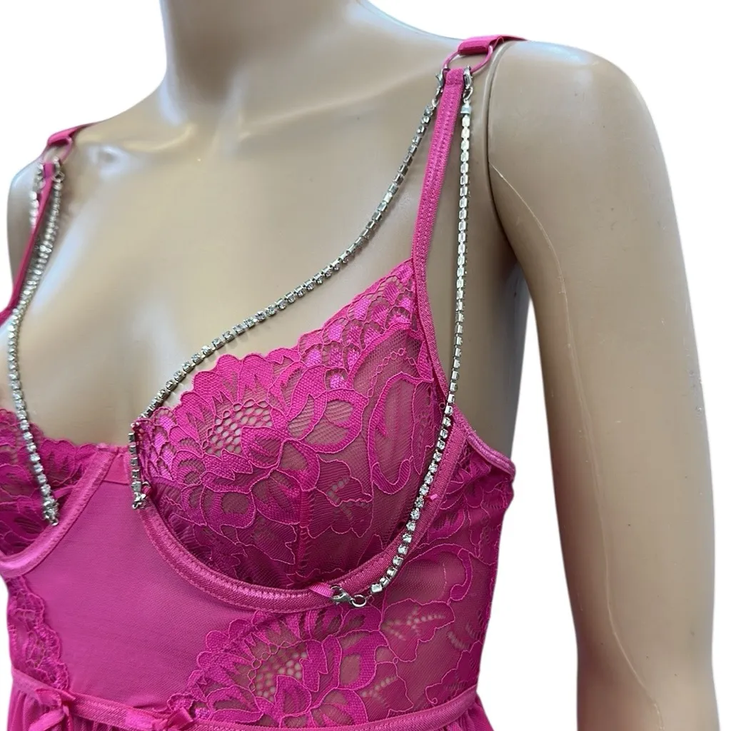 Seven Til Midnight Pink Babydoll Lace Mesh Rhinestone Chain Lingerie Top Size M Size M - Image 4