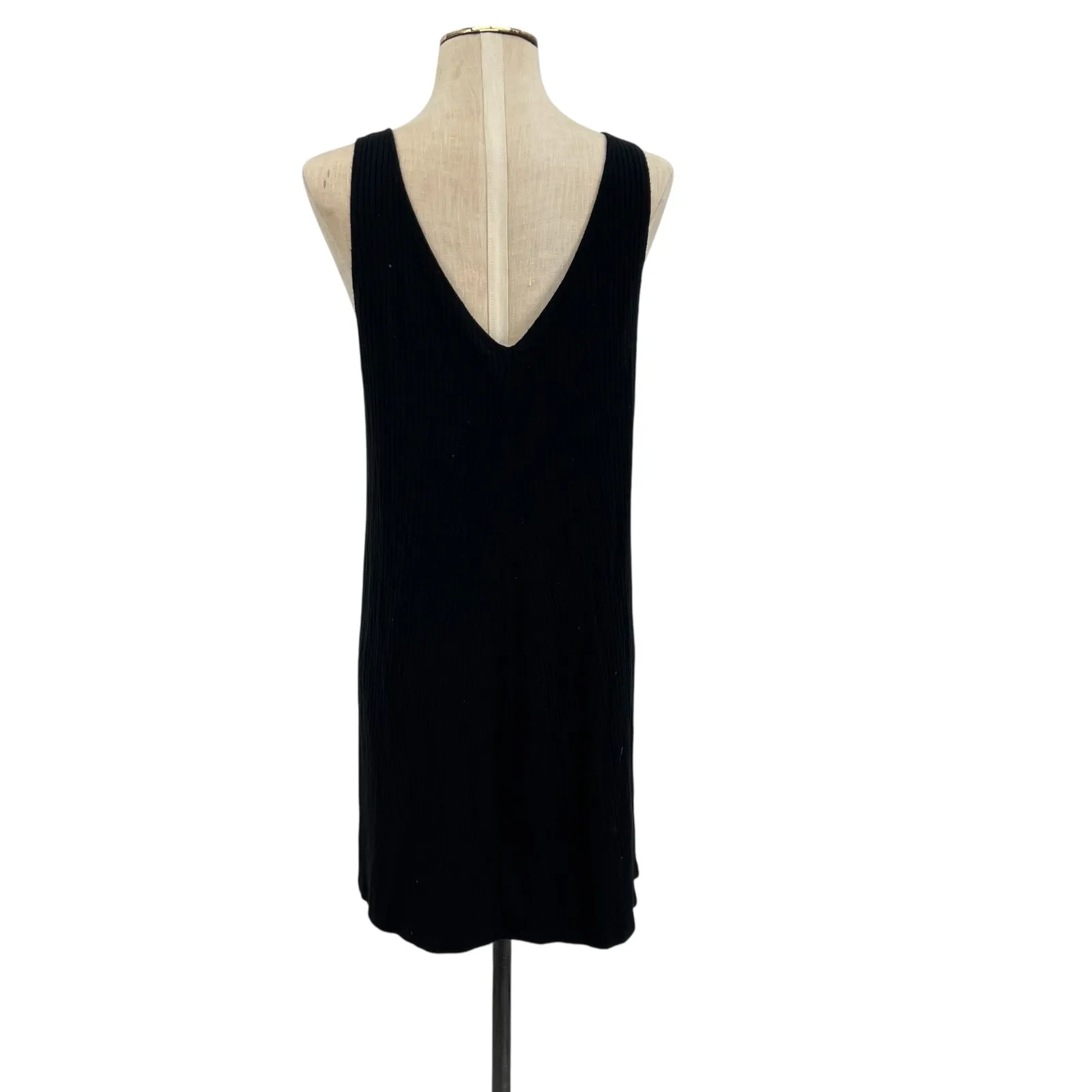 Reformation Jeans Mini Tank Dress‎ Ribbed Double V-Neck Black Tencel Size Large - Image 6