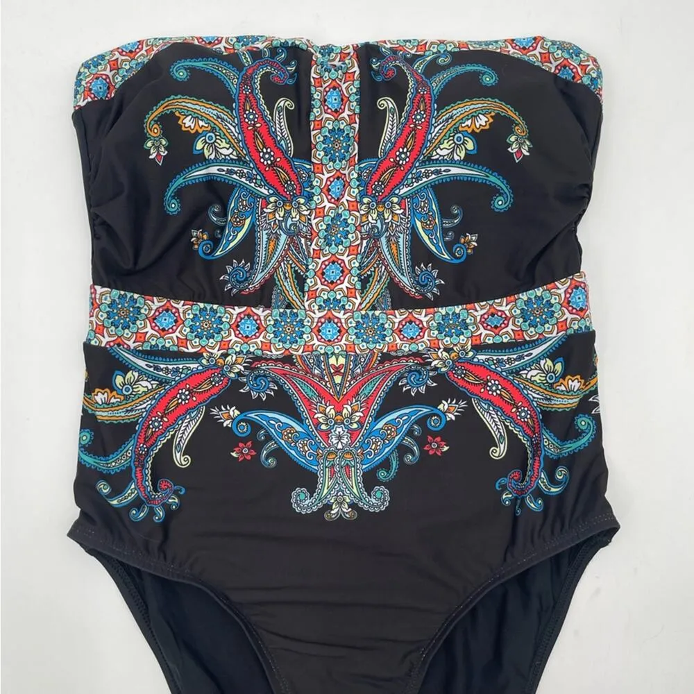 ATHENA Swimsuit One Piece Strapless Black Paisley Print Coastal Beach SZ 6 NWOT - Image 4