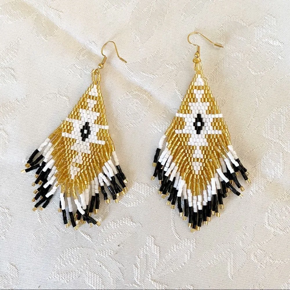 Handmade Miyuki Beaded Fringe Boho Earrings Gold - Image 7