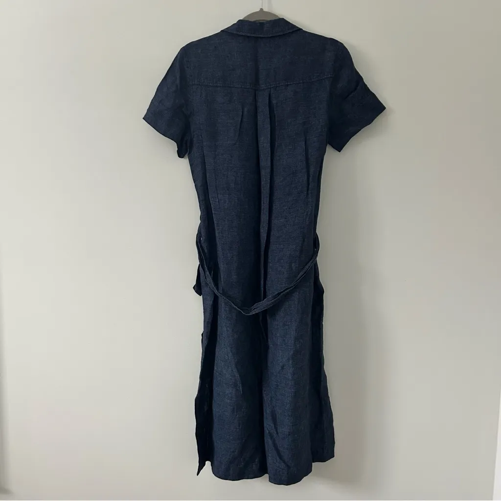 Whistles Dark Denim Easy Linen Belted Short Sleeve V Neck Shirt Dress 8 Blue - Image 3