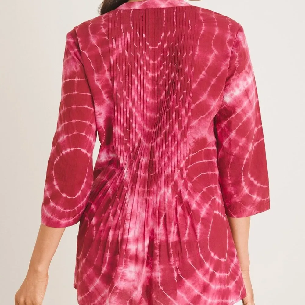 Chico's Tie-Dye Pintuck Peasant Blouse Pleated Button Front 3/4 Sleeve Top - Image 2