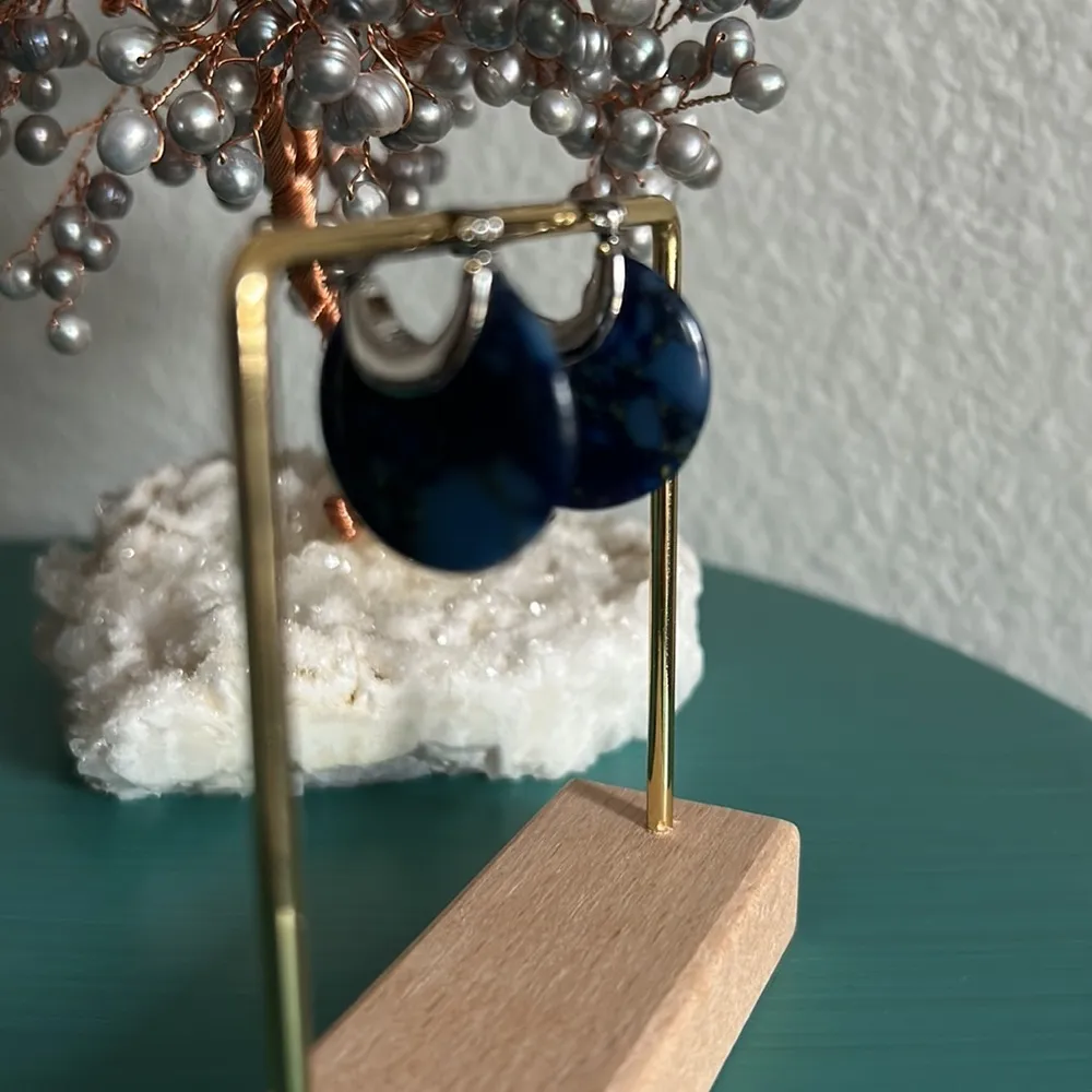 Sodalite Gemstone Artisan Crescent Disc Drop Hoop Huggie Earrings Blue - Image 3