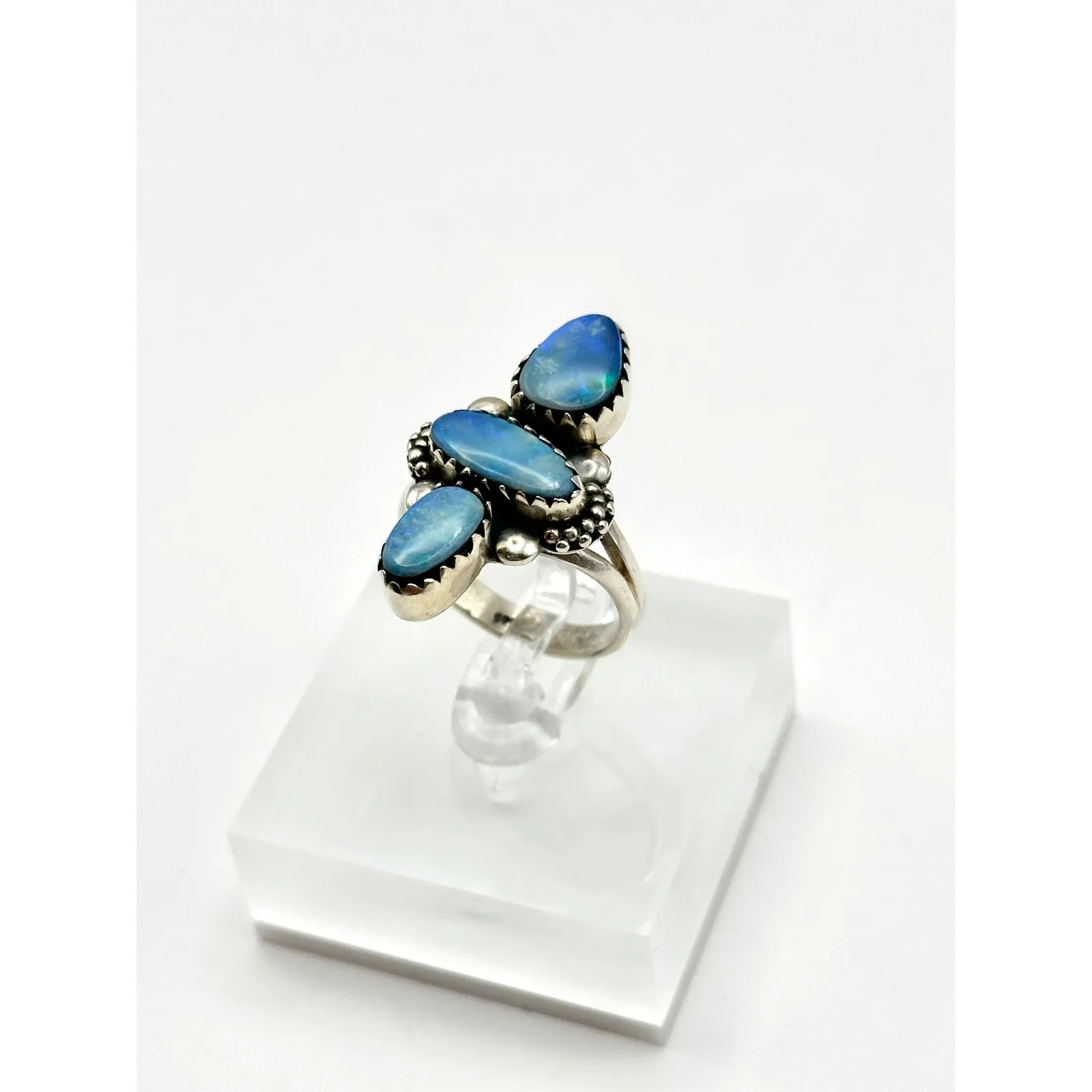 Australian Opal 3 Stone Sterling Silver Handmade Ring Size 8 - Image 3