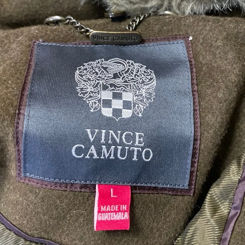 Vince Camuto Olive Green Wool Faux Fur Collar Long Sleeve Trench Coat Jacket L - Image 4