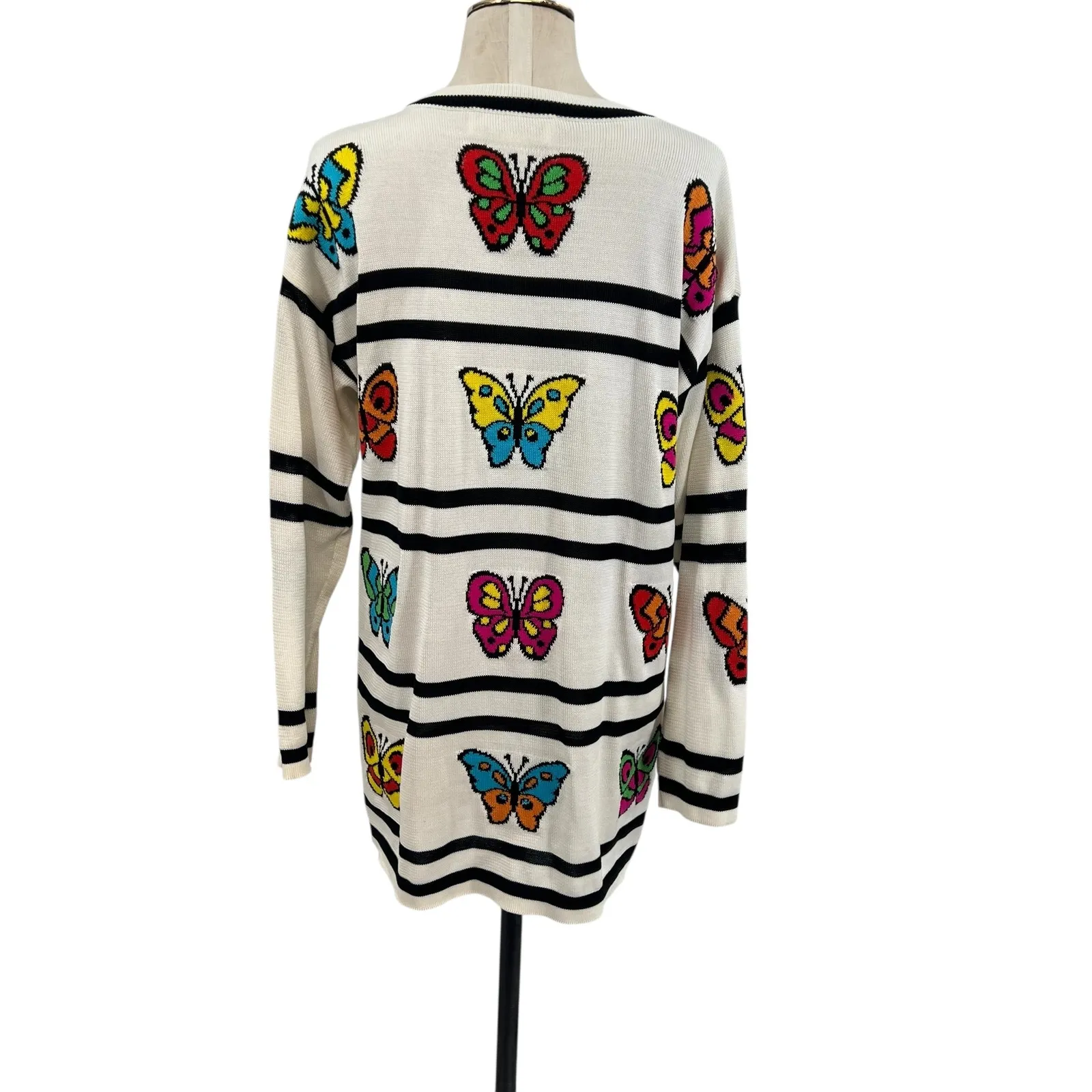 Escada‎ Vintage Sweater Butterfly Stripe Print Cotton Cream Black Size 36 US 6 - Image 7