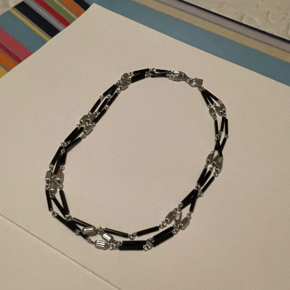 Signed EMMONS Costume Necklace - Silver Tone / Black Bead Multi Strand Chain - Image 7