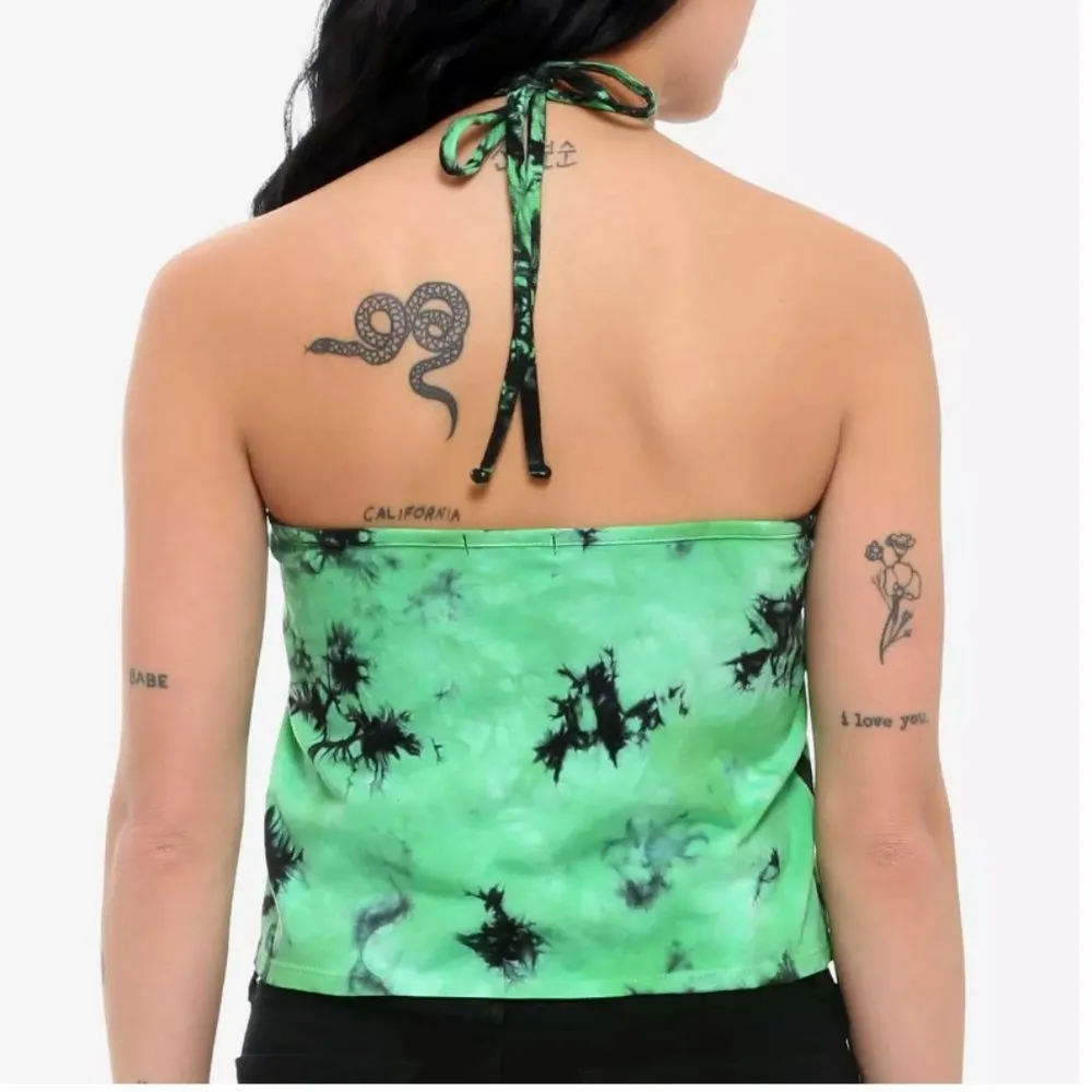 Hot Topic Alien Tie-Dye Halter Top Womens M Green Allergic To Humans Rave Kawaii - Image 10