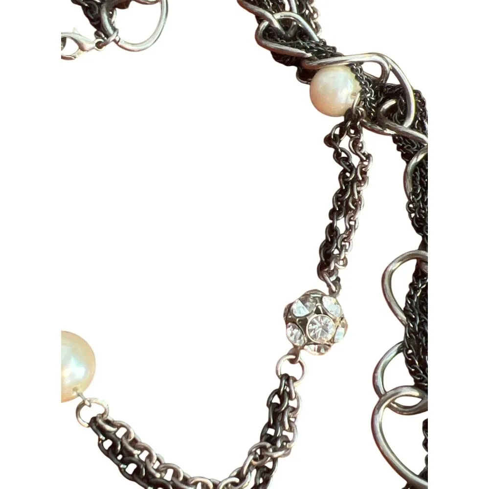 Layered Black Silver Tone Chain Necklace Faux Pearls Rhinestone Beads 26" - Image 3