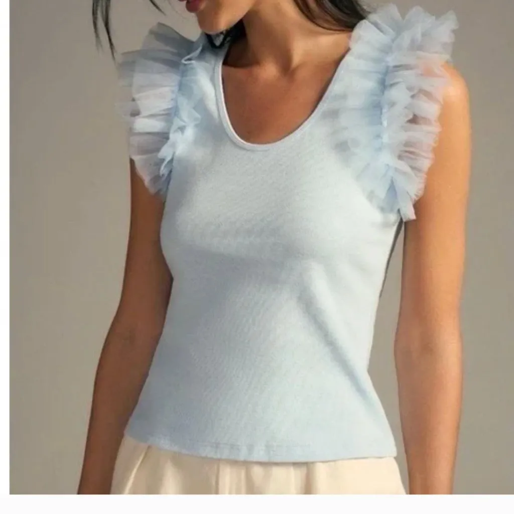 NWOT Anthropologie Dolan  Tulle Ruffle Sleeve Tank Blue Ribbed Knit Top - Image 3