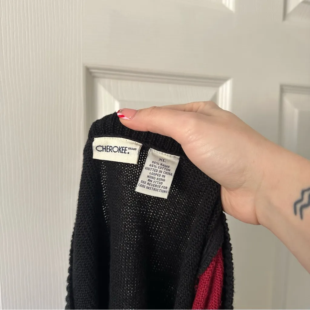 Vintage Cherokee Festive Holiday Black and Red Knit Cardigan! - Image 2