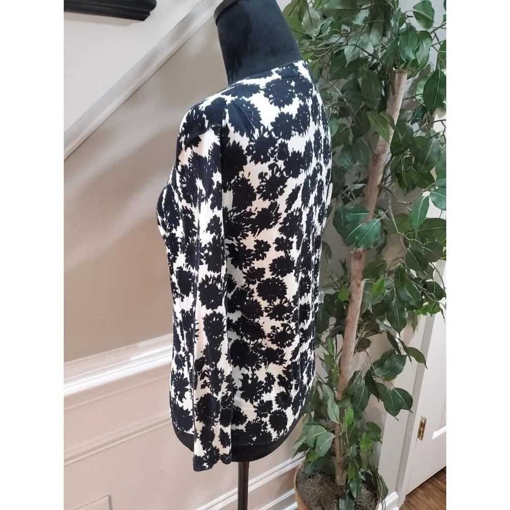 J.Crew Women Black White Floral Cotton Round Neck Long Sleeve Cardigan Sweater M - Image 4