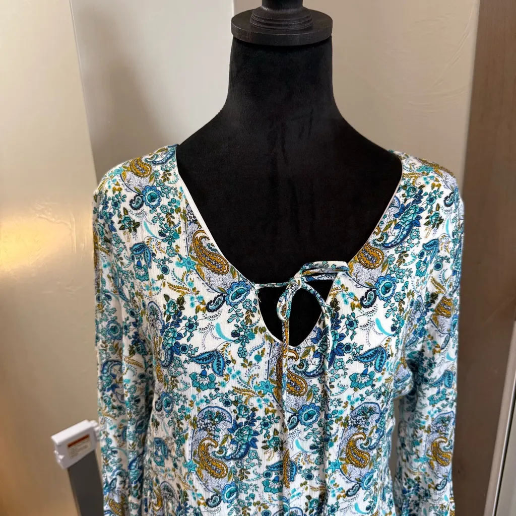 Altar'd State Long Sleeve Tiered Blue White Floral V-Neck Tie Dress Ruffle Flowy - Image 2