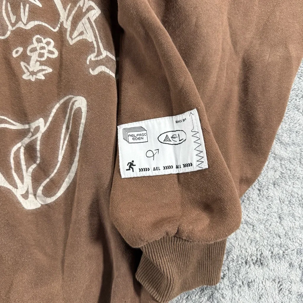Aelfric Eden We Vaguely Feel Many Hoodie Brown Anime Grafiti Drop Shoulder Cozy - Image 4