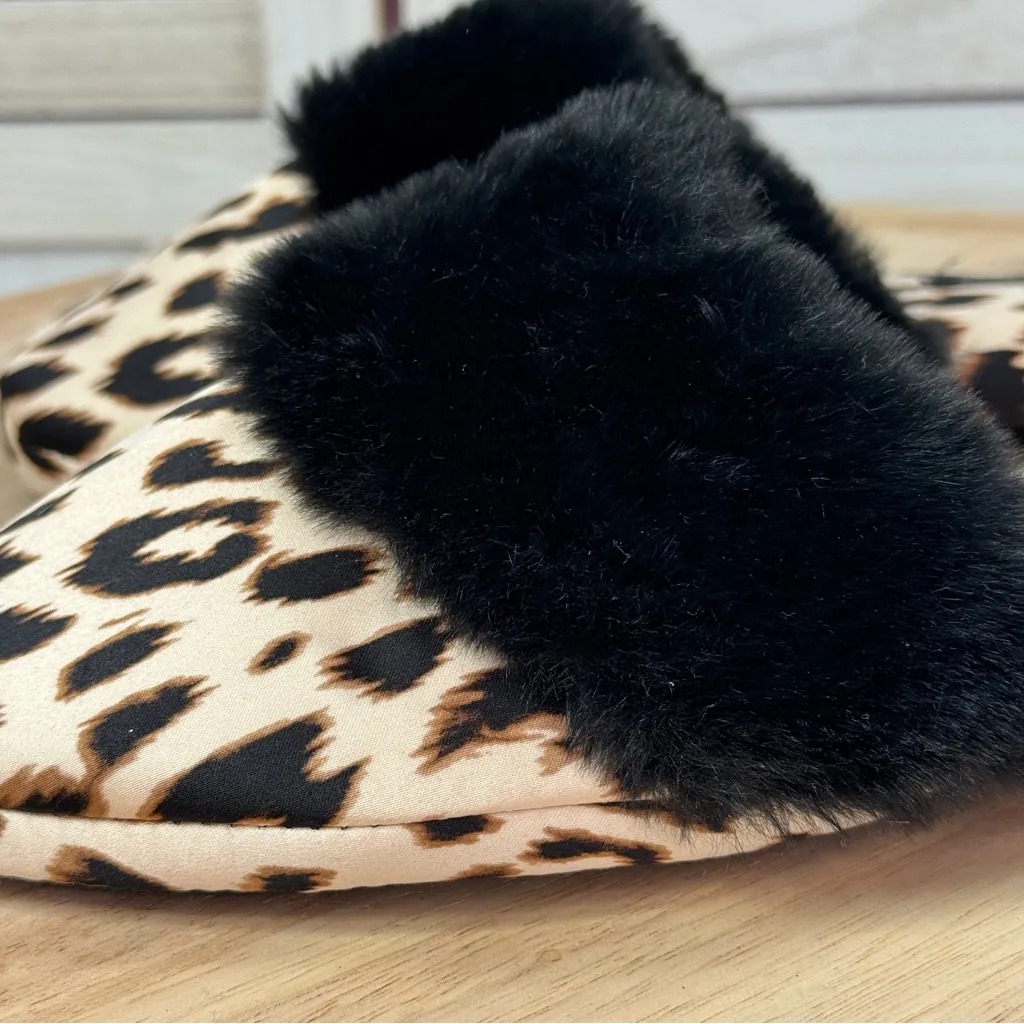 Victorias Secret Leopard Print Faux Fur Trim Satin Slippers Tan Black Medium - Image 8