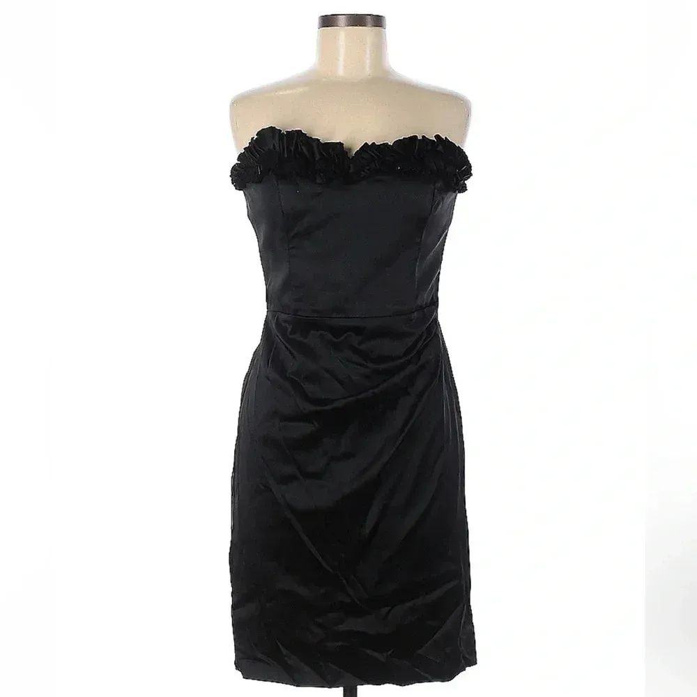 White House Black Market | Black Satin Ruffled Strapless Dress Size 8 Medium M - Image 2