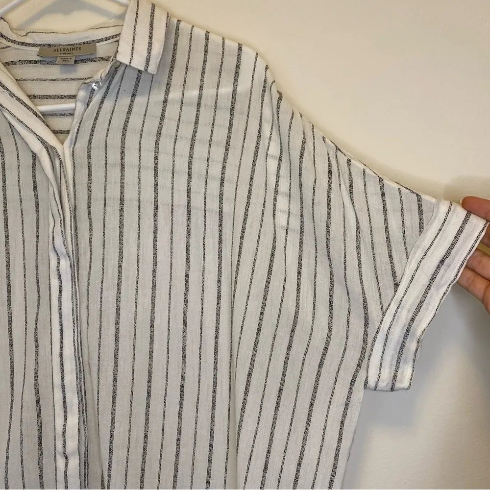ALLSAINTS Saria Striped Short Sleeve Button Down Shirt Chalk White/Gray Sz XS - Image 6