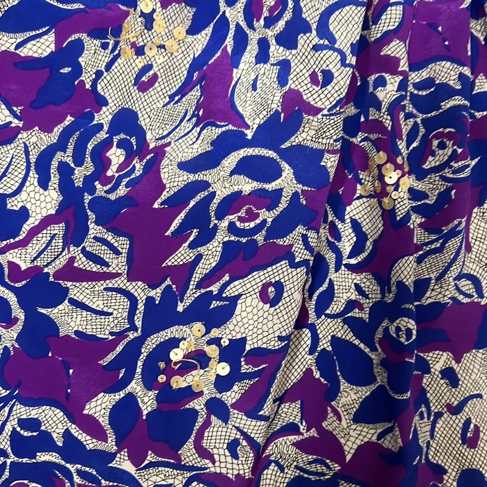 Anthropologie Fei 100% Silk Purple/Blue Floral Pencil Skirt Size 2 - Image 5