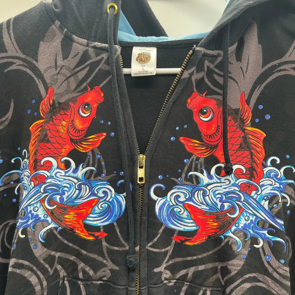Ed Hardy Black Zip-Up with Red and Blue Fish Design - Image 3