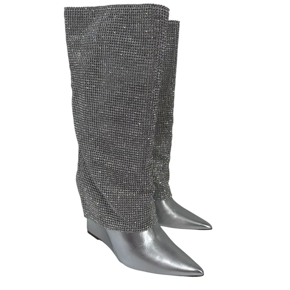 Steve Madden Size 5.5 M Riski Wedge Rhinestone Boot Silver Embellished Crystal‎ - Image 3