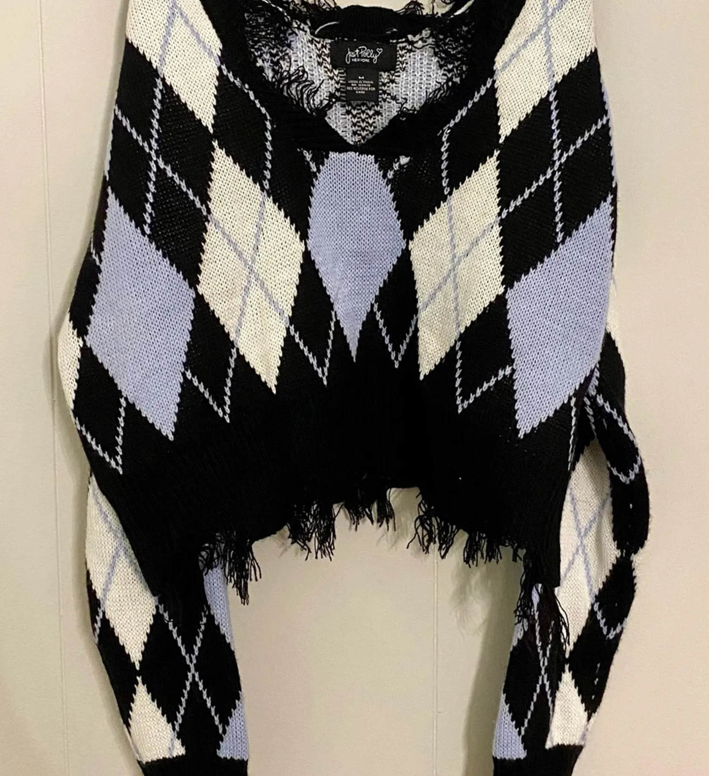 Just Polly Cropped Argyle Sweater Distressed Frayed Dark Academia Grunge Medium Blue - Image 1