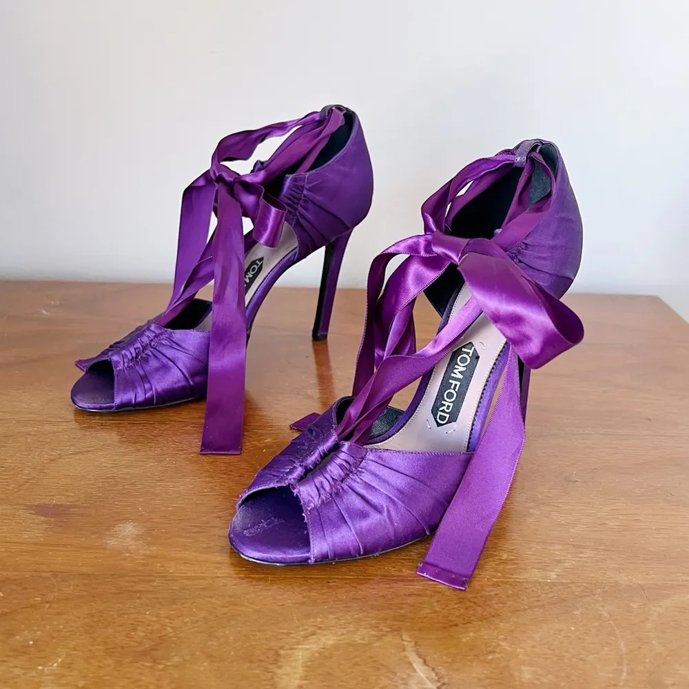 TOM FORD • purple satin evening heels pumps peep toe ankle ribbon tie stiletto - Image 12