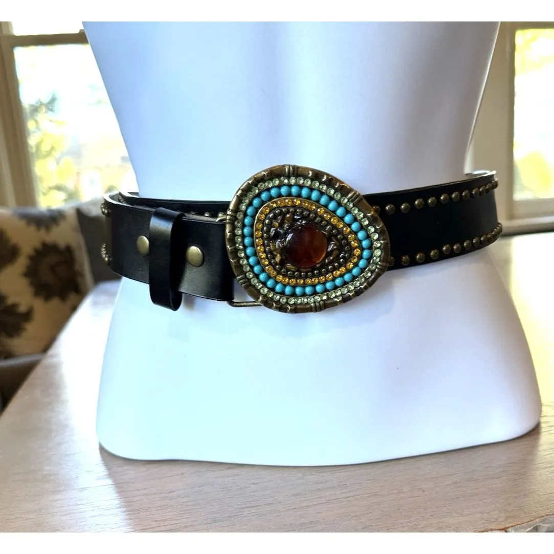 Gail Labelle Belt Leather Black Brass Studded Statement Buckle Large Vintage EUC - Image 3