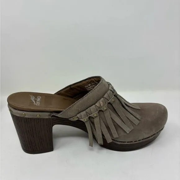 Dansko Deni Women's 40 / 9.5-10 Mule Taupe Gray Clog Nubuck Suede Leather Fringe - Image 7