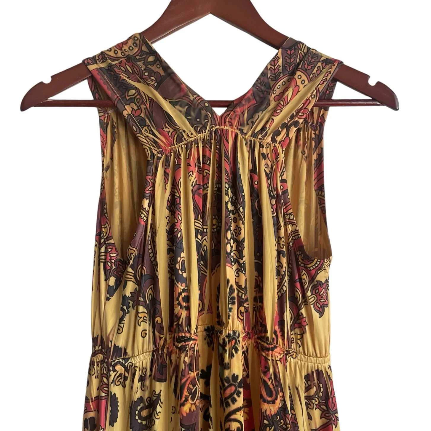 One World Women Maxi Dress S Yellow Batik Print Retro Style Boho Jersey Stretch‎ - Image 4