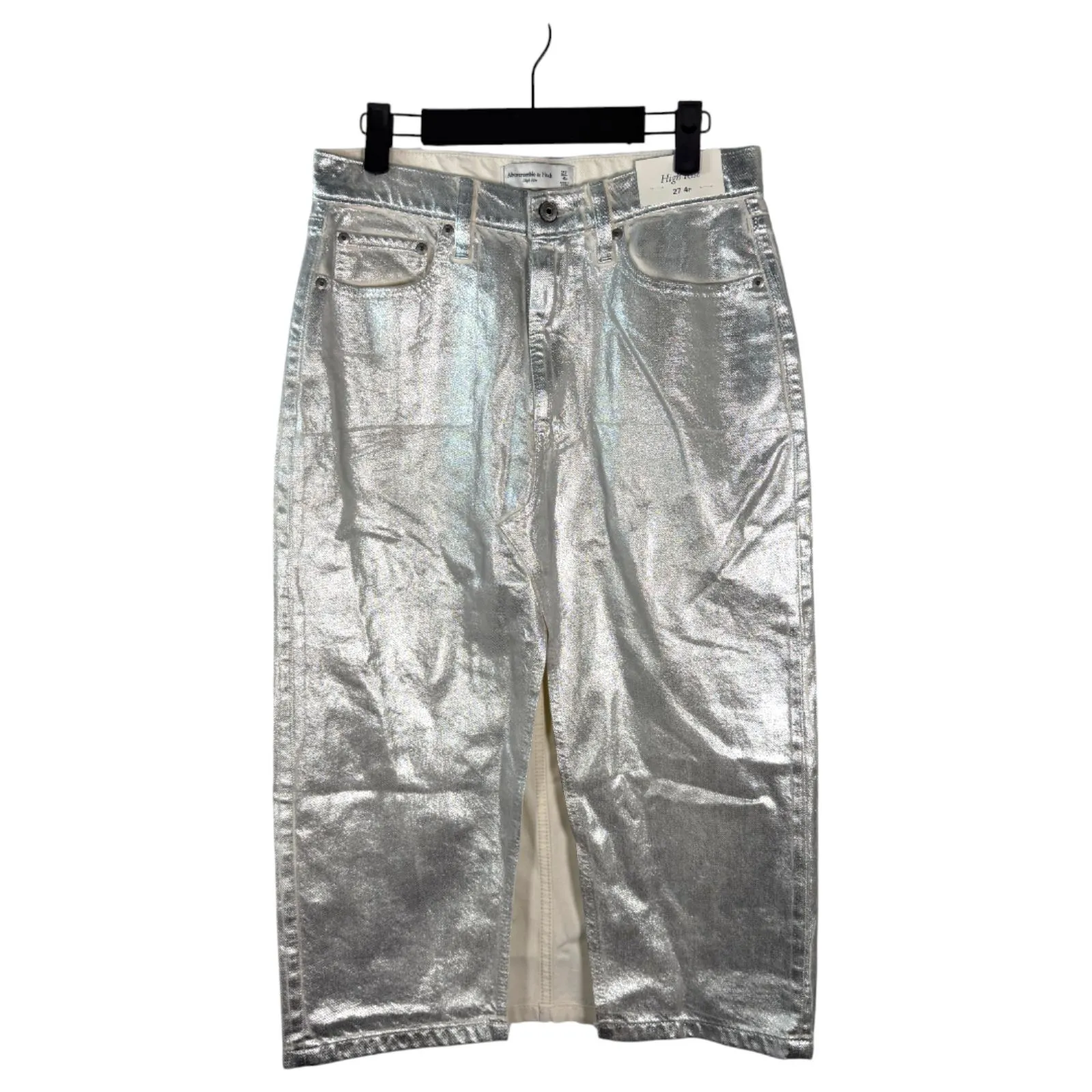 Abercrombie & Fitch High Rise Silver White Metallic Denim Midi Skirt 27 - 4 NEW - Image 8