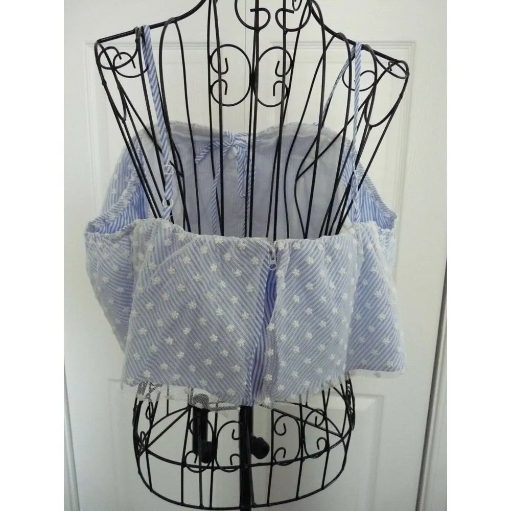 Do & Be Blue & White Stripe Off The Shoulder Crop Top W/Cap Lace Sleeve Size L - Image 2