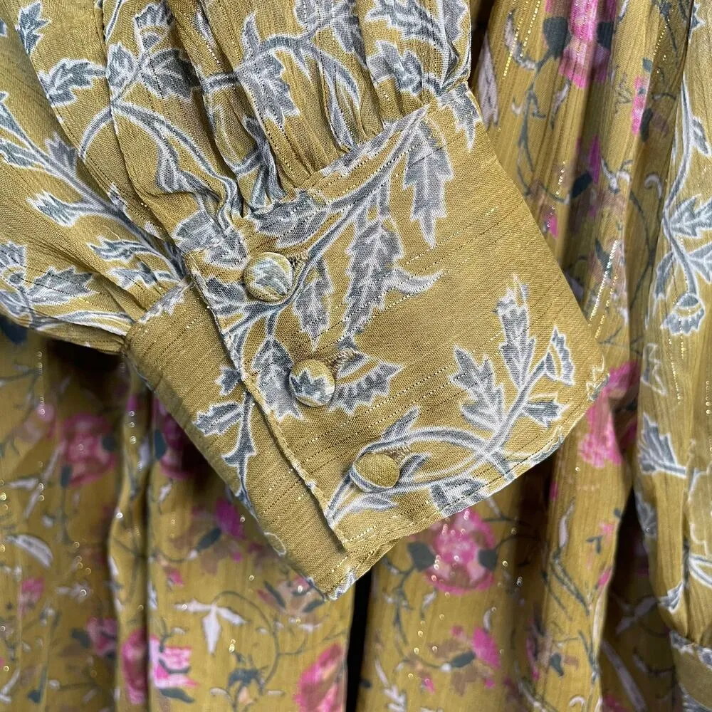 1960 Mustard Floral Smocked Long Sleeve Flowy Smocked dress M - Image 4