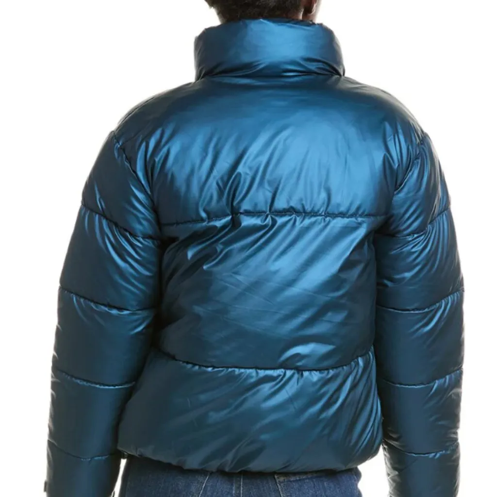 NWT Nicole Miller Cropped Puffer Jacket In Color Teal Large Faux Fur Lined - Image 4