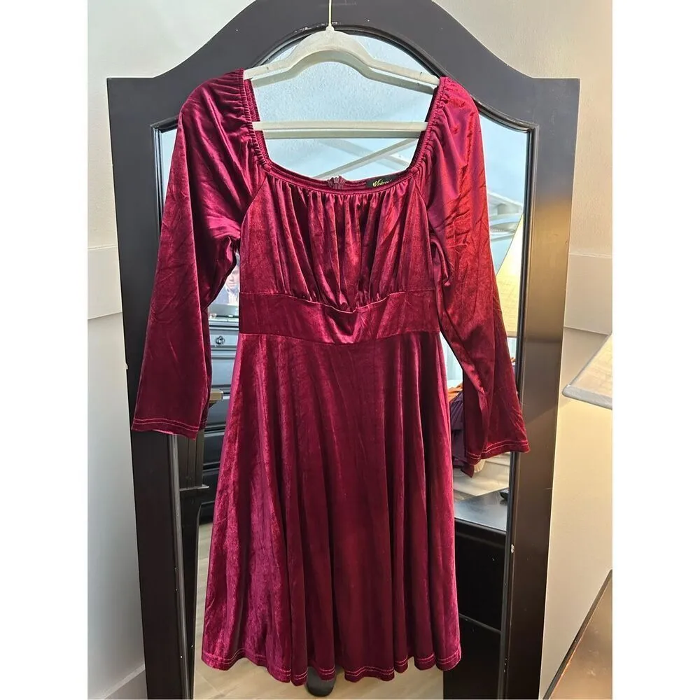 NEW Velvet Square Neck Mini Dress Long Sleeve Cocktail Dress S Red - Image 3
