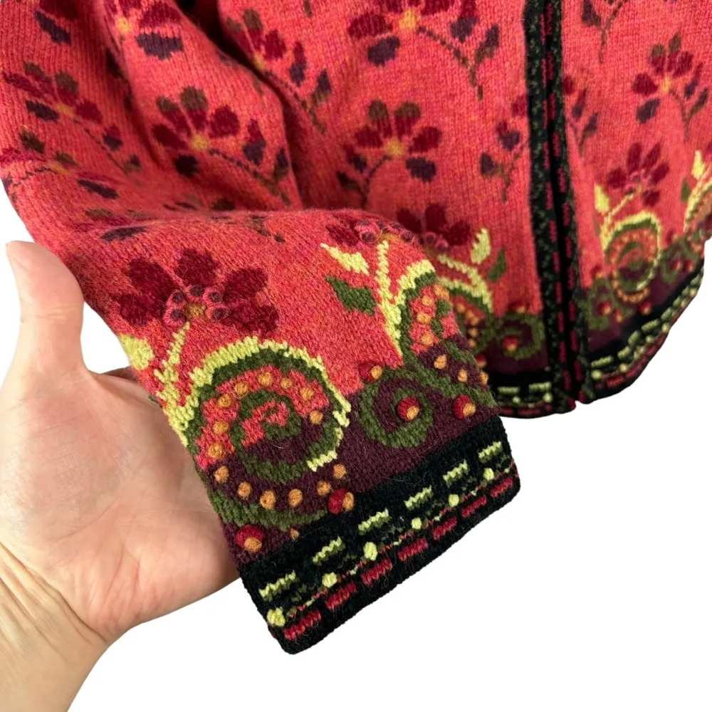 Icelandic Design Full Zip Jacket Wool 3D Knit Textured Floral Vintage Lined L Size L - Image 6