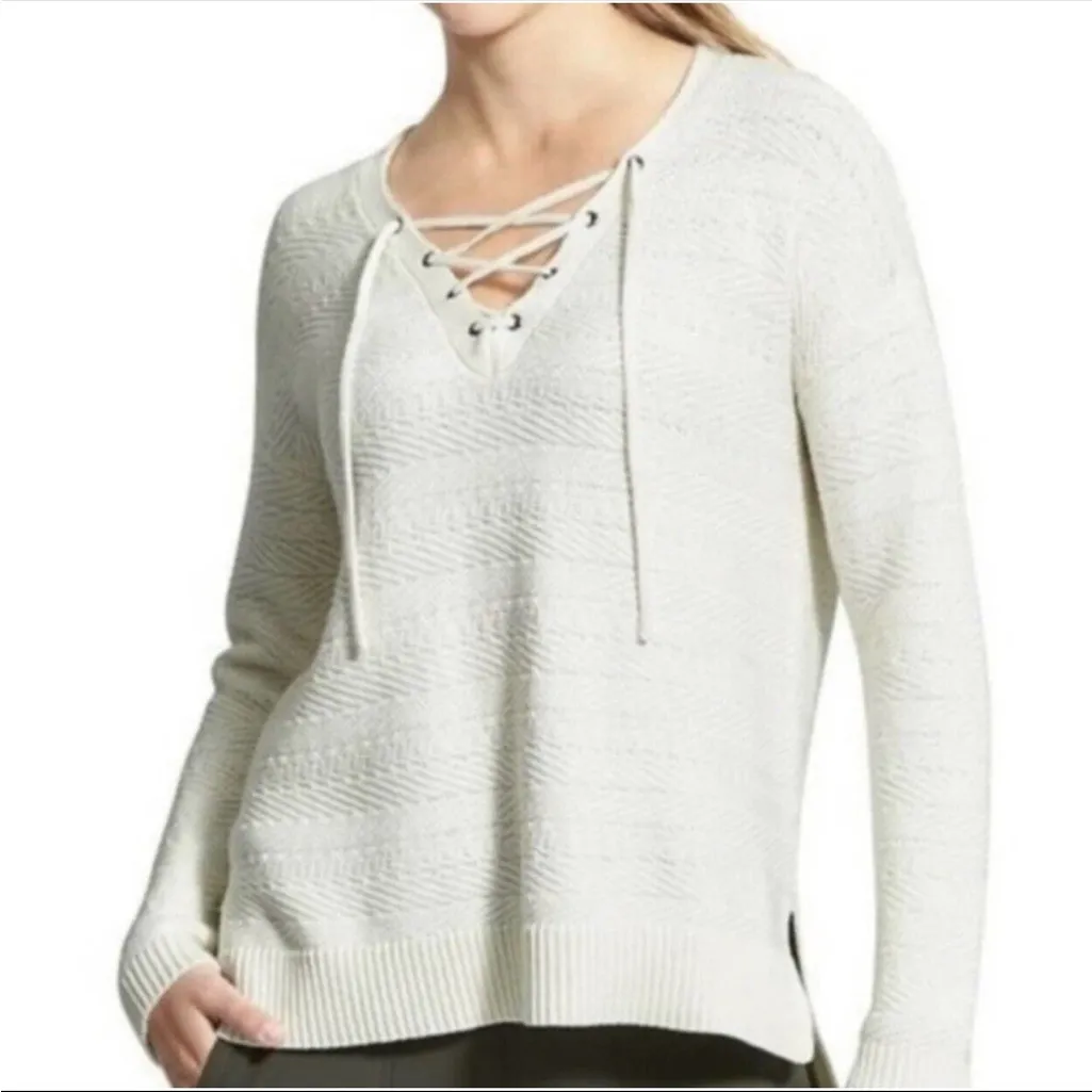 Athleta Sunset Lace Up Sweater Cream White Knit V-Neck Pullover Pattern Size L - Image 2