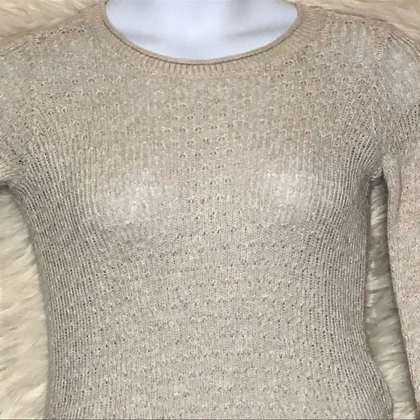 Hollister Lace Trim Oatmeal Crew Neck Sweater XS Lightweight EUC - Image 6