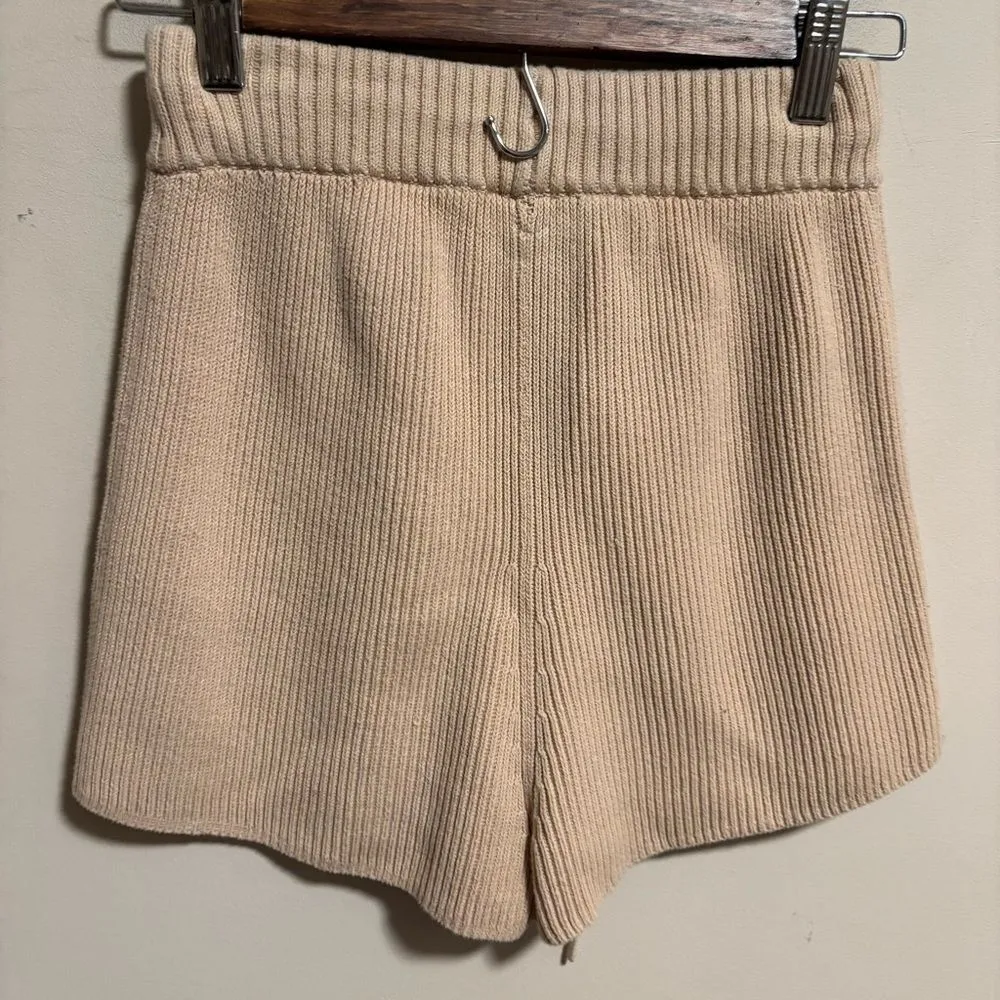 & Other Stories Ribbed Cotton Knit Shorts Oatmeal High Waist Drawstring- Size XS - Image 6