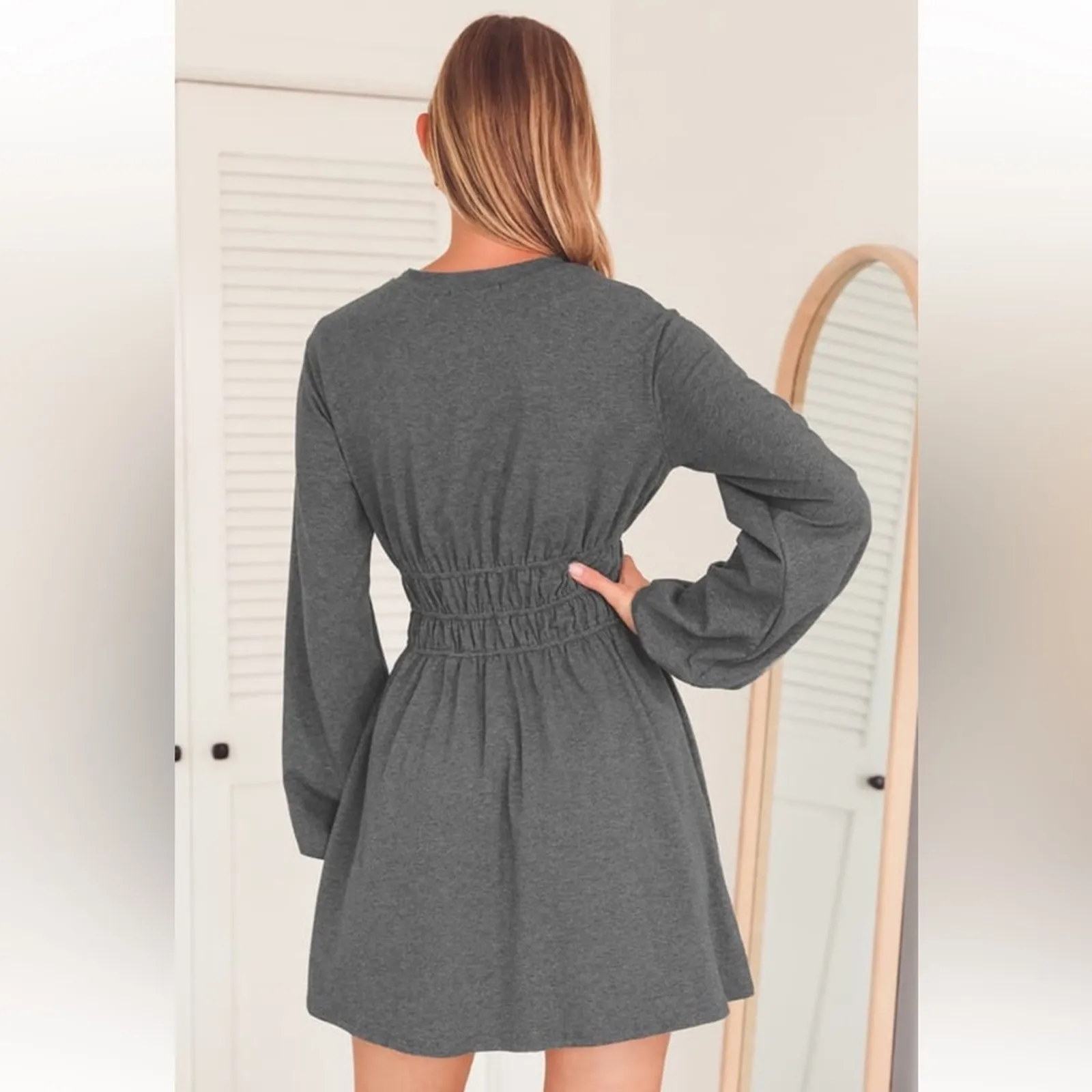 Lulus Fashion Win Charcoal‎ Grey Long Balloon Sleeve Pullover Mini Dress Sz M - Image 2