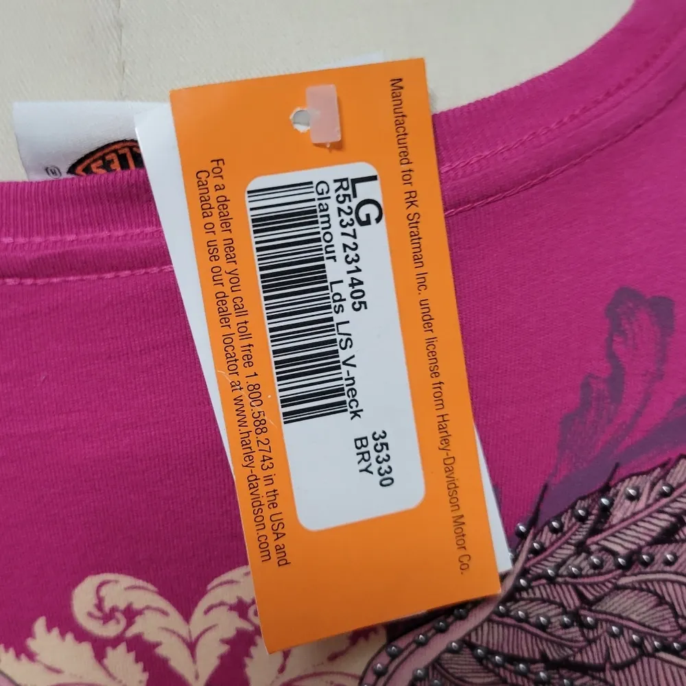 Harley-Davidson magenta rhinestone graphic winged vneck tee size large - Image 6