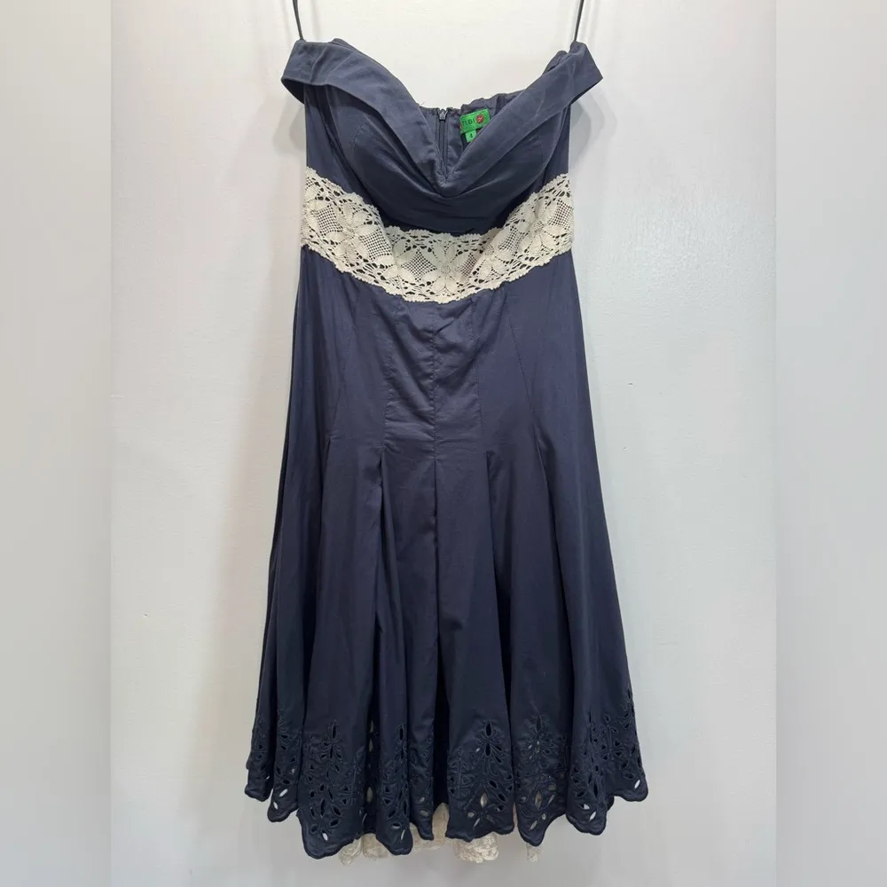 Tibi Smokey Navy Strapless Dress Cream Lace Trim & Slip Mini Corset Coquette - Image 3