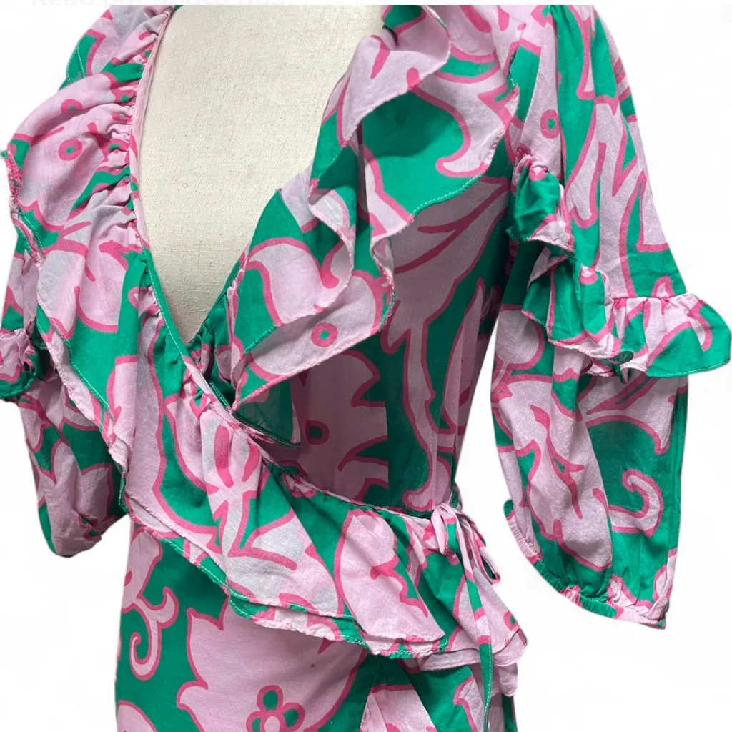 Rhode Womens Lydia Take It Easy Pink Green Floral Print Midi Wrap Dress Size XS - Image 6